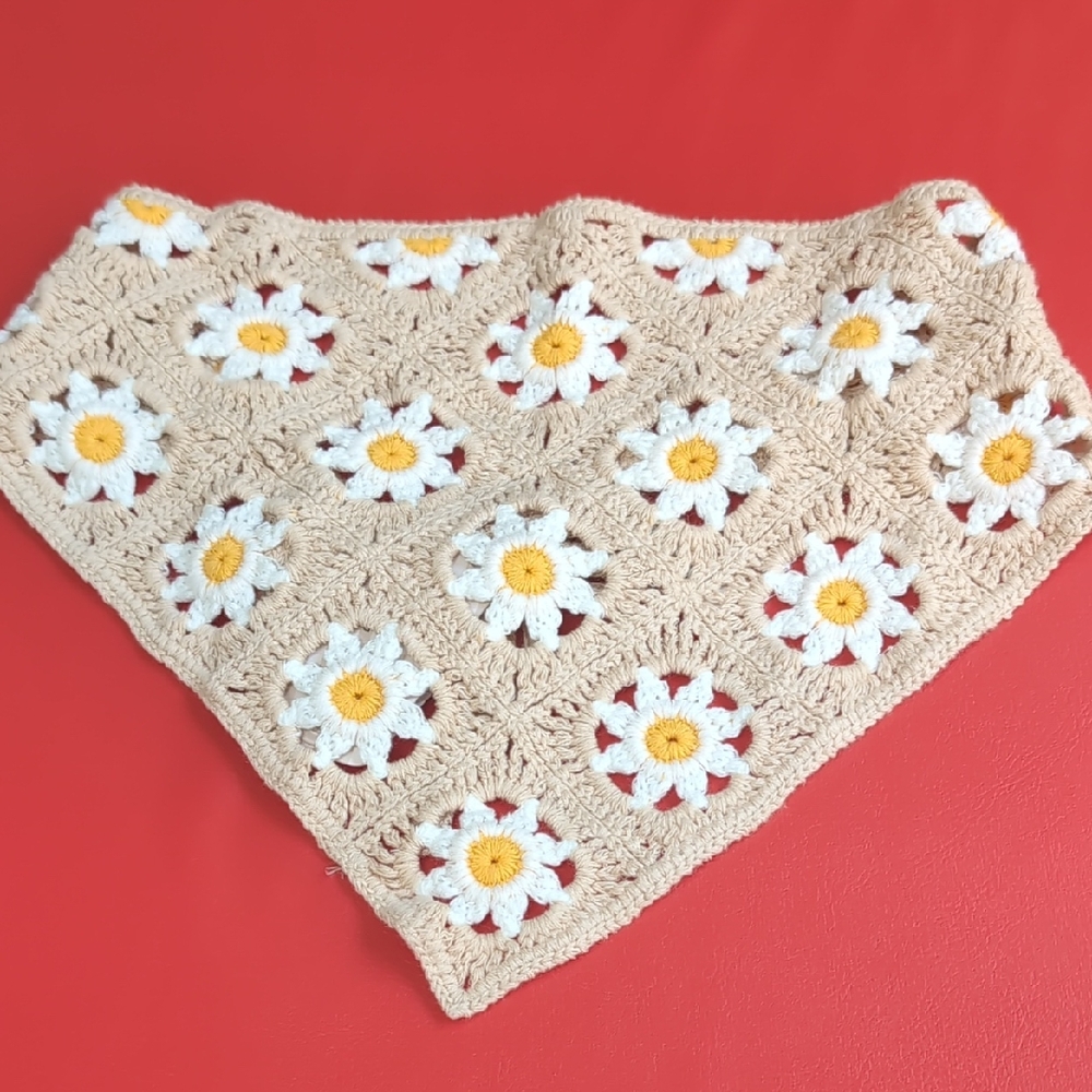 Handmade Floral Crochet Hair Scarf - Beige and Yellow